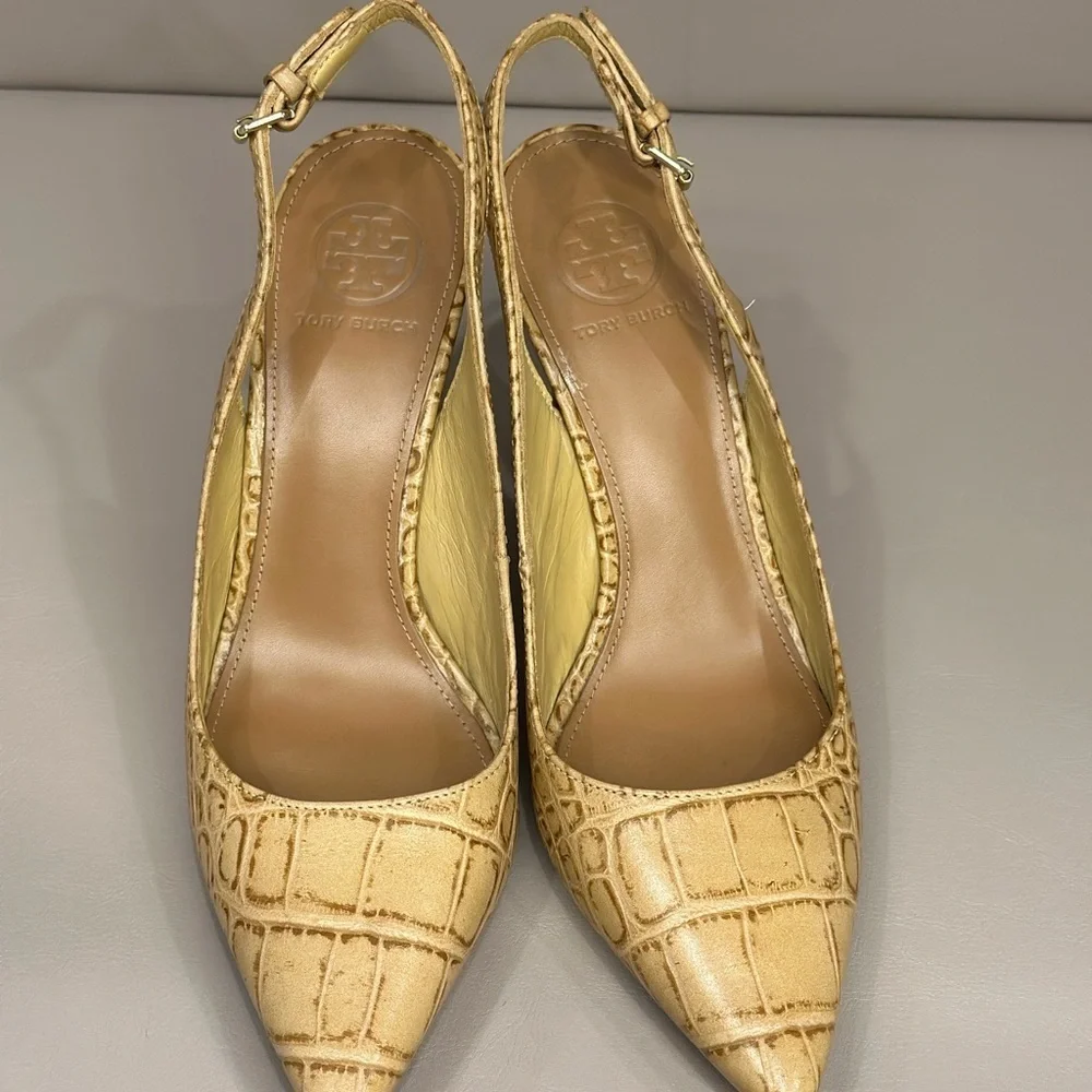 Tory Burch Croc-Embossed Slingback Kitten Heels